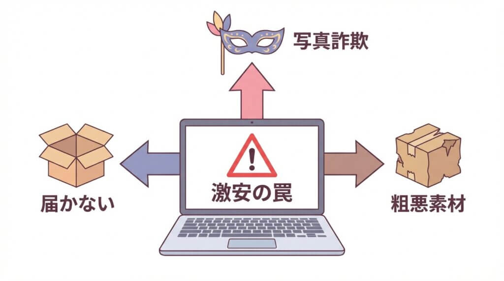 激安ラブドールに潜む3つの危険性(写真詐欺・粗悪素材・届かない)の図解