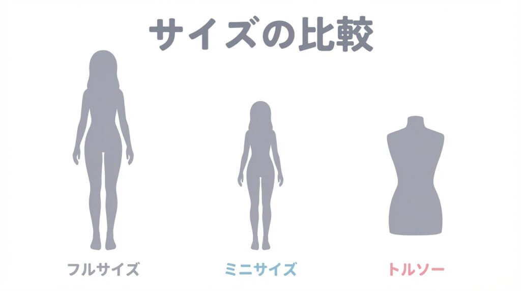 ラブドールの種類別(フルサイズ・ミニ・トルソー)のシルエット比較図解