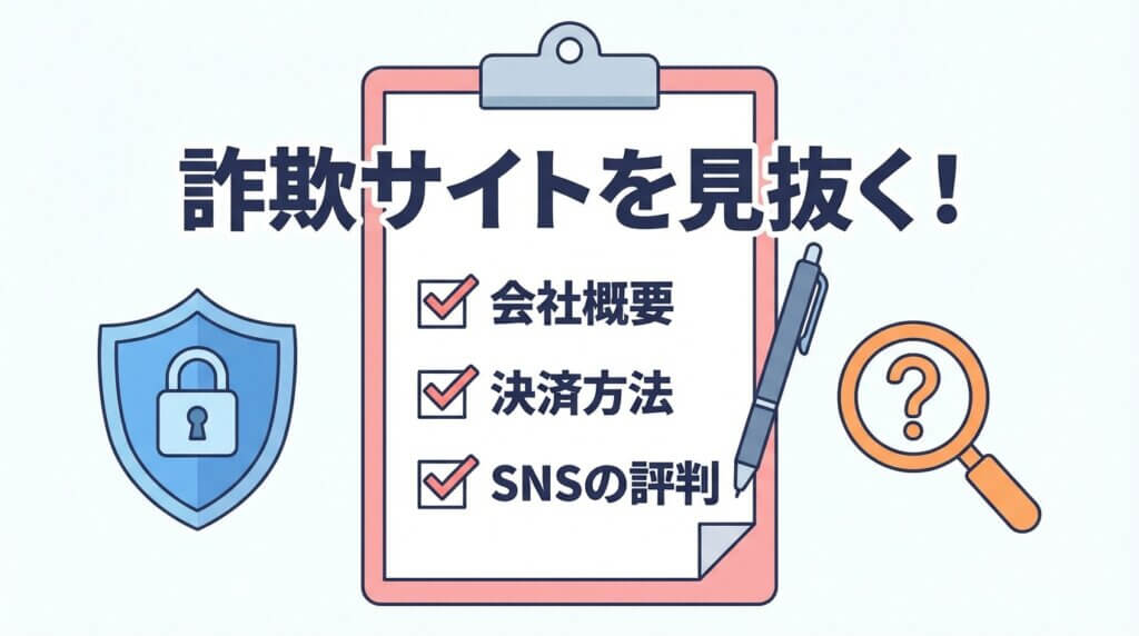 詐欺サイトを見抜くためのチェックリスト(会社概要・決済方法・SNSの評判)の図解