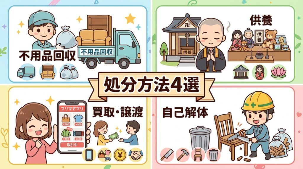 ラブドールの処分方法4選(不用品回収、供養、買取・譲渡、自己解体)の比較図解