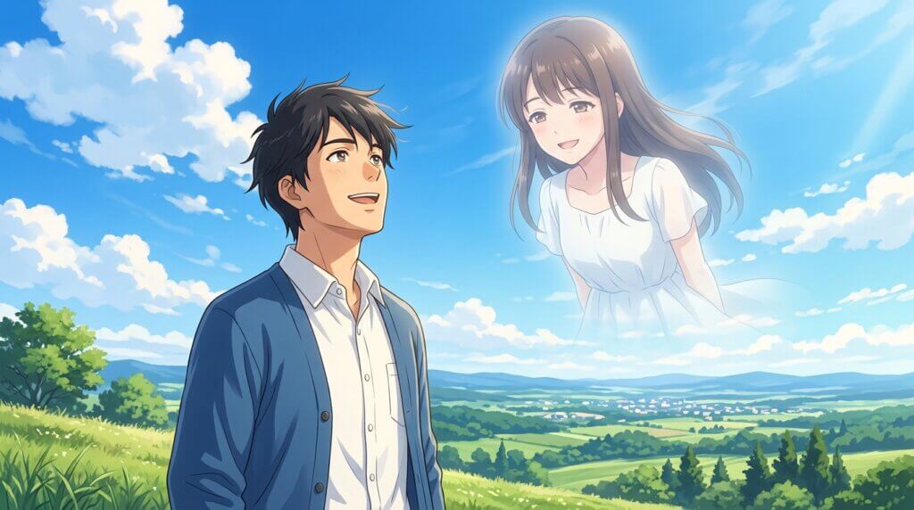 ラブドールとの温かい思い出を胸に、感謝の気持ちと共に前を向いて歩き出すオーナーのイラスト