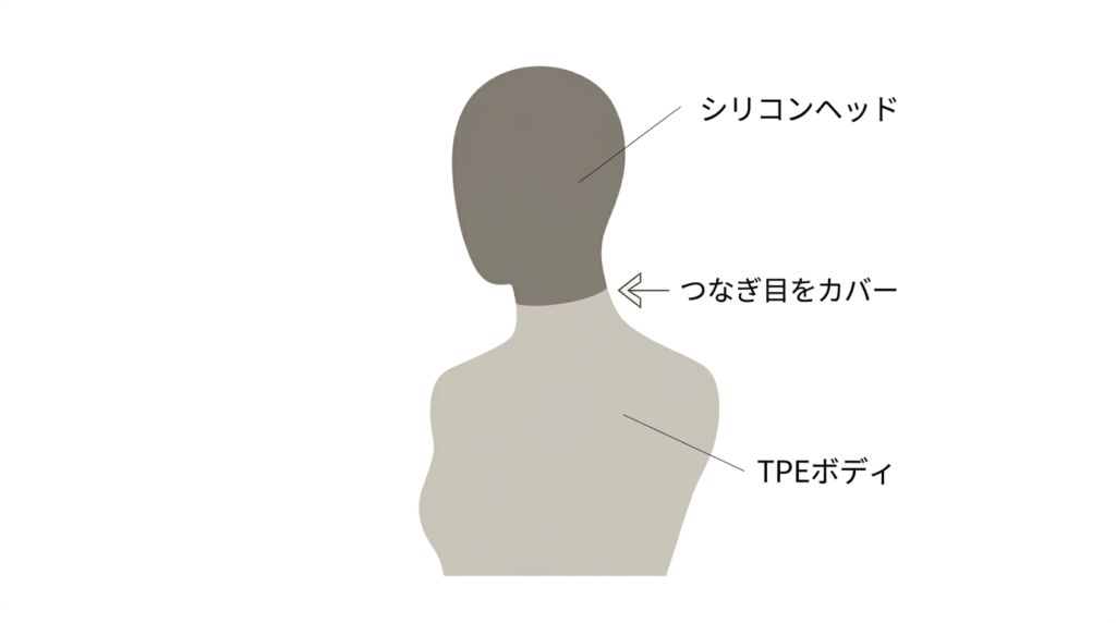 シリコンヘッドとTPEボディを組み合わせたラブドールのハイブリッド構成と、首のつなぎ目をカバーする仕組み