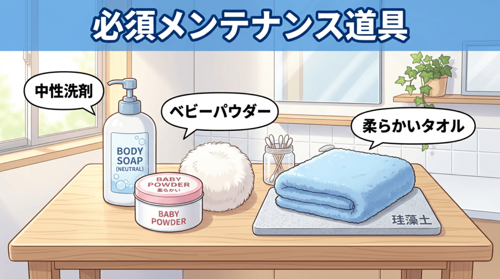 ラブドールのメンテナンスに必要な基本道具一式(中性洗剤、ベビーパウダー、柔らかいタオルなど)