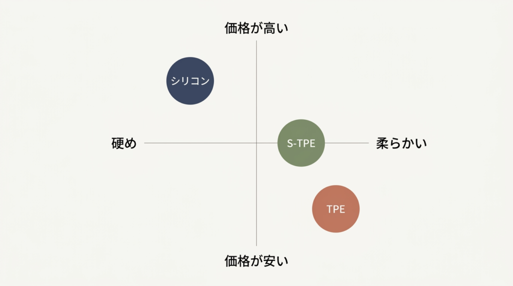 ラブドール素材(シリコン・TPE・S-TPE)の価格と柔らかさのバランスを表したポジショニングマップ