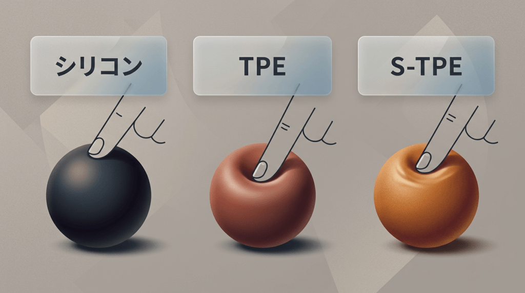 シリコン、TPE、S-TPEの3大ラブドール素材の弾力と質感を比較したイメージ図解