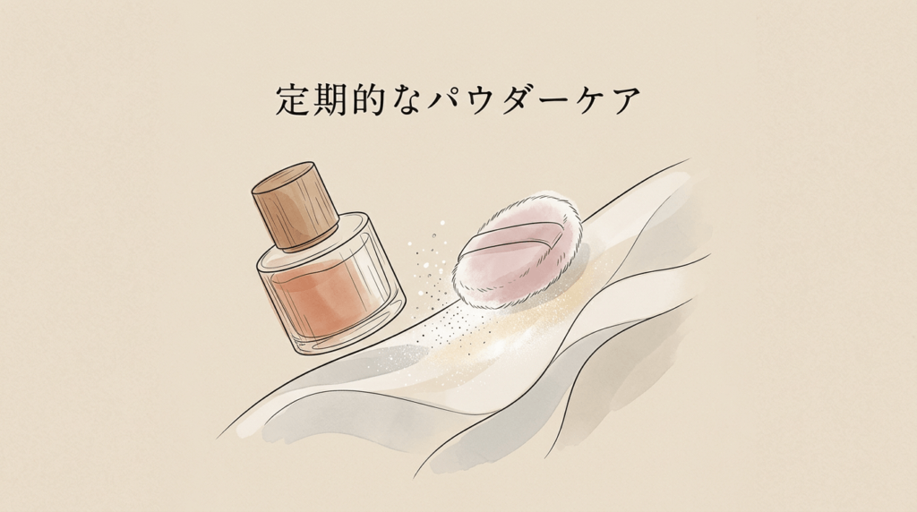 ラブドールの肌にパフでベビーパウダーをはたいて定期的なメンテナンスを行う手順の図解