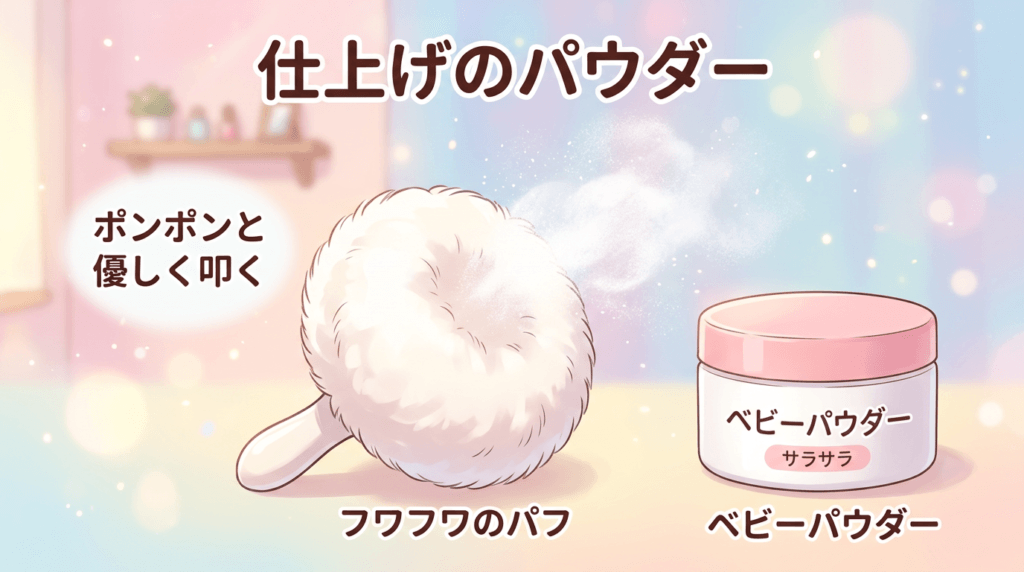 ラブドールの乾燥後の仕上げに使うベビーパウダーとポンポンと優しく叩くための大きなパフ