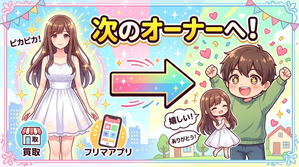 クリーニングされた綺麗なラブドールが、買取やフリマアプリを通じて次のオーナーへ引き継がれる図解