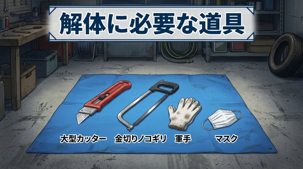 ラブドールの自己解体・廃棄に必要な大型カッターや金切りノコギリ、ブルーシートなどの道具一式