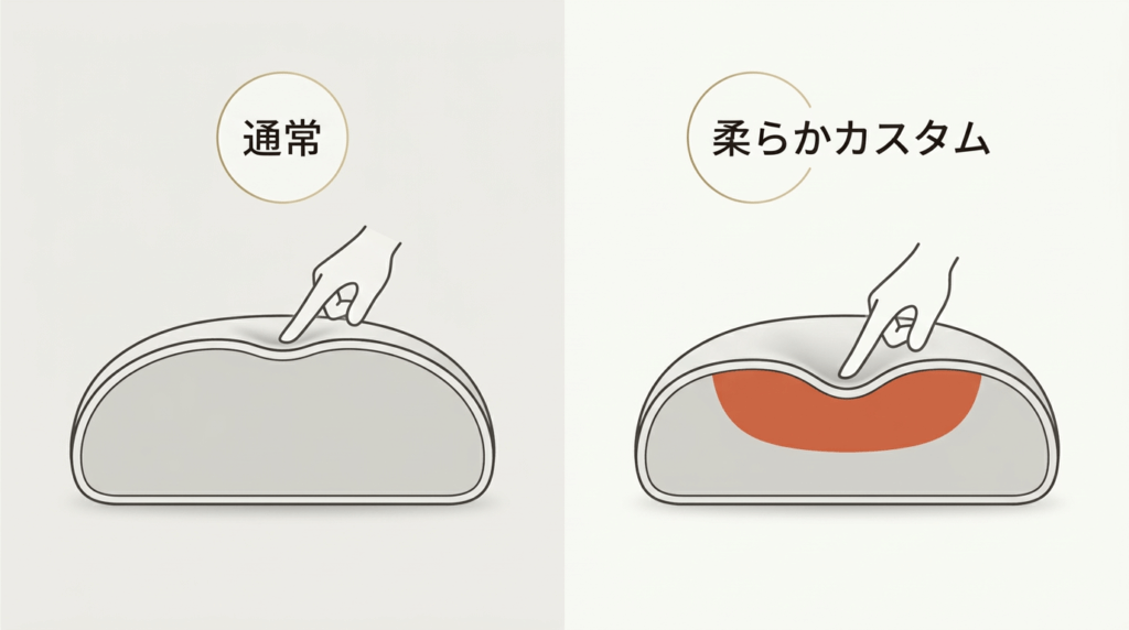 ラブドールの通常素材と、胸やお尻を柔らかくしたカスタム素材の沈み込みの深さを比較した断面図