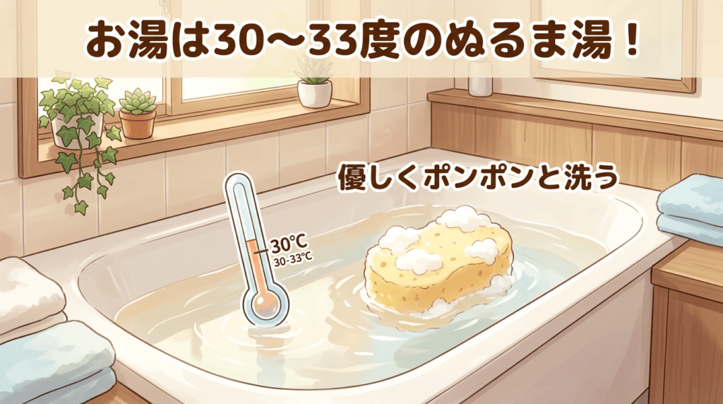 ラブドールを浴槽で洗う際の適温(30〜33度のぬるま湯)と浅いお湯を示す図解