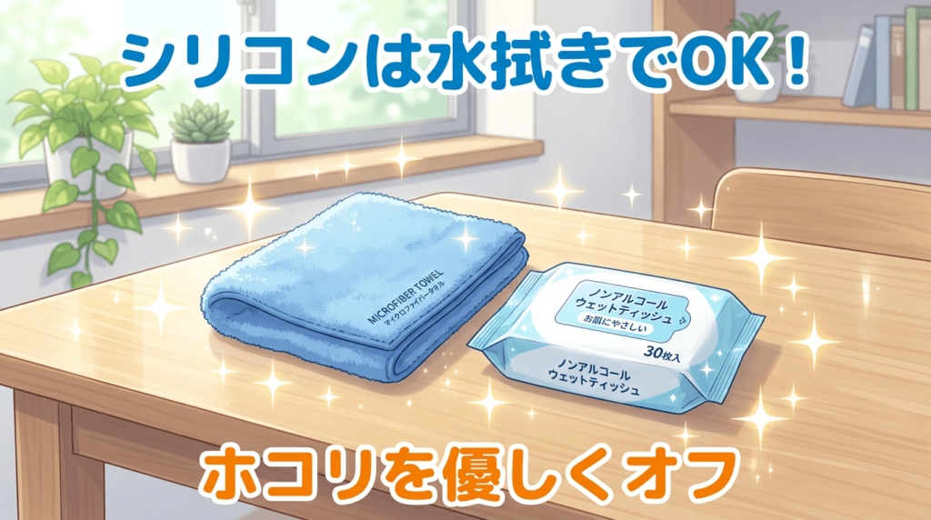 シリコン製ラブドールのホコリを落とす水拭きケアに使うマイクロファイバータオルとウェットティッシュ