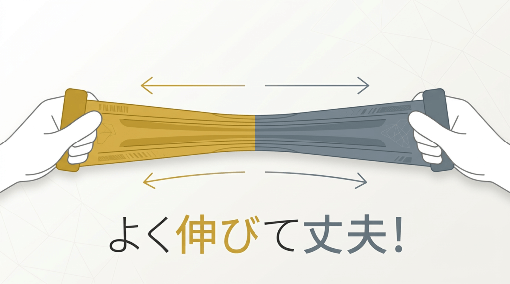 ラブドールのS-TPE素材のちぎれにくくよく伸びる、丈夫な伸縮性を示すイラスト図解