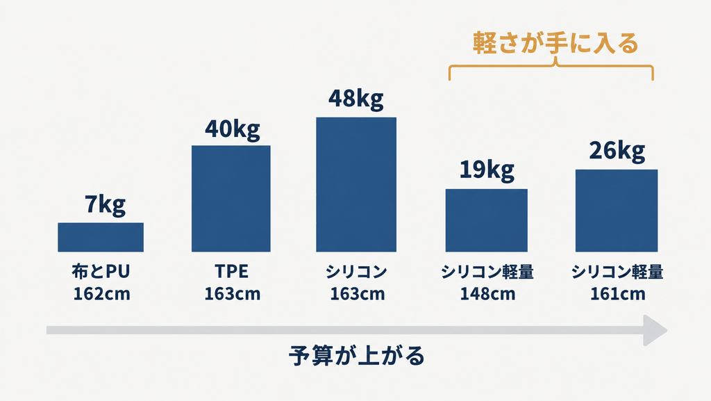 予算を上げると、まず質感が上がり、その先で軽さが手に入ることを示す図