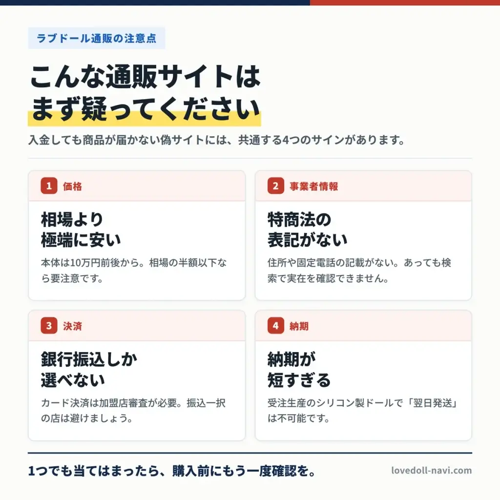 ラブドール偽サイトの4つの特徴をまとめた図解