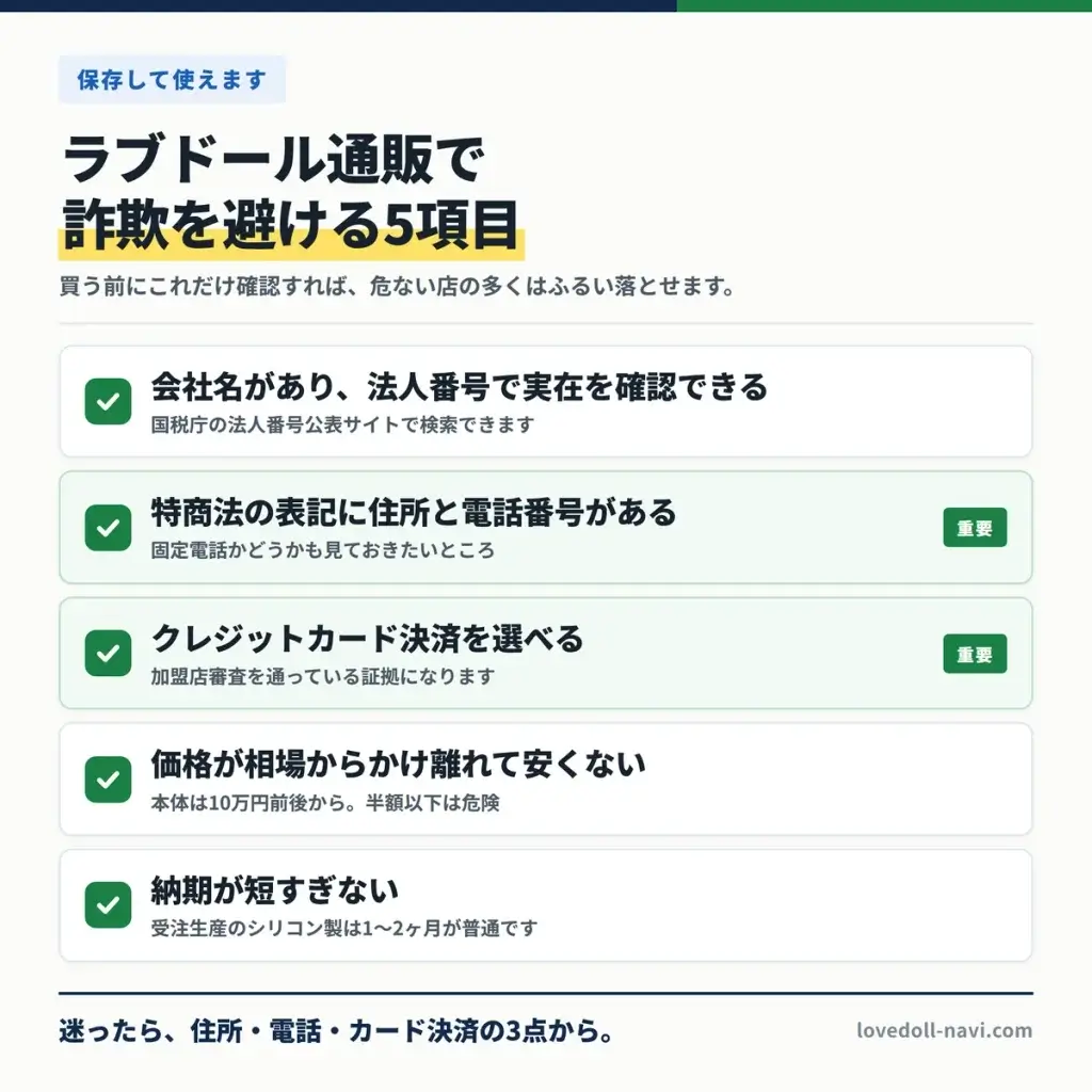 ラブドール通販で詐欺を避ける5つのチェック項目の図解